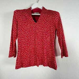 Hobbs London Womens Red Printed V-Neck Top Small 3/4 Sleeve Viscose Stretch